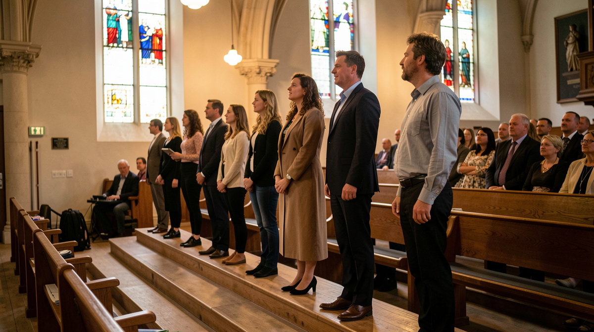 A row of adult singers on risers in a church hall during an evening rehearsal, scores lowered, warm overhead light, medium shot from the side.