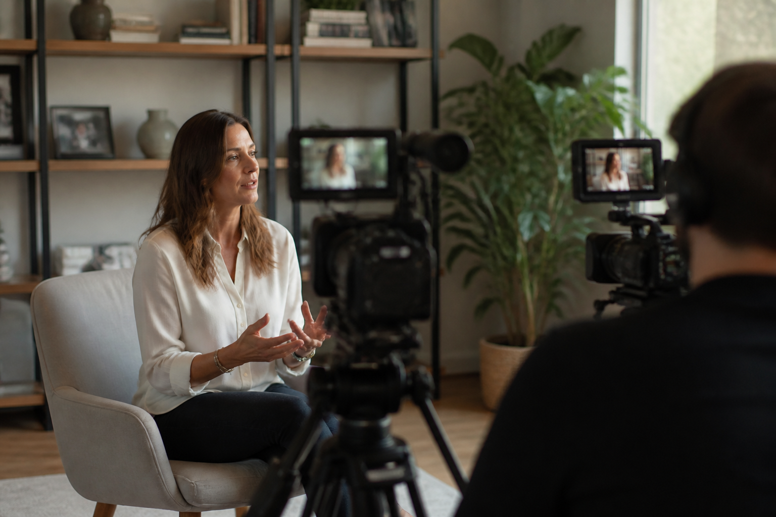 Interview setup with a main camera on the speaker and a second camera framing a cutaway shot of the speaker's hands.