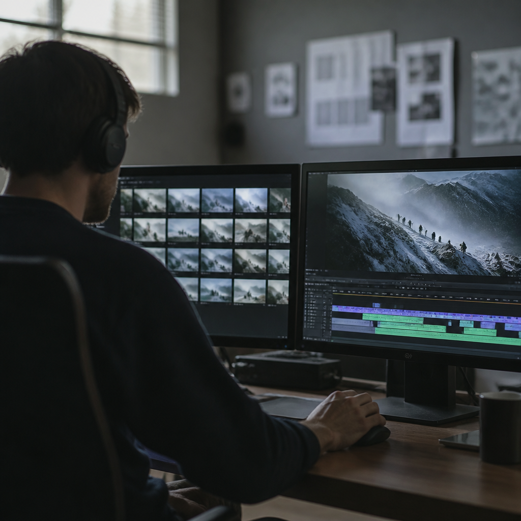 Documentary editor at a two monitor edit suite reviewing watermarked archive clips arranged on a timeline.