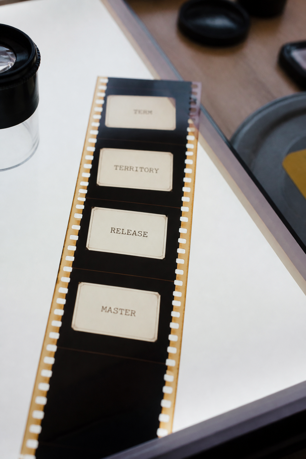 Strip of film frames laid on a light table, each frame carrying a printed label such as term, territory, release and master.