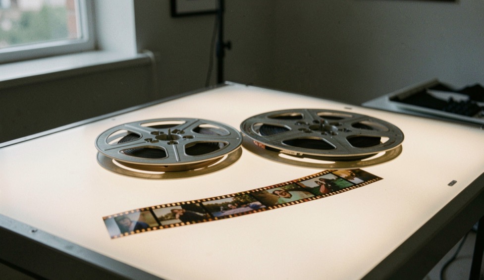 Two 16mm film reels and a loose strip of film frames resting on a lit light table in a quiet editing room, daylight coming from a side window