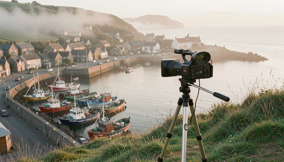 A video camera on a tripod on a grassy hillside above a small harbour town at dawn, fishing boats moored below and mist lying on the water